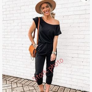 PRETTYGARDEN Women's Loose Off Shoulder Elastic Waist Stretchy Long Romper black